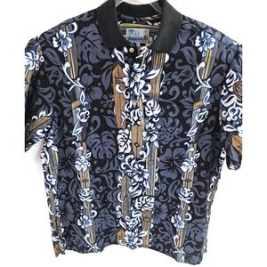 RJC Polo Shirt‎ Mens XL Black Hawaiian Floral Surfboard Print Made In Hawaii USA
